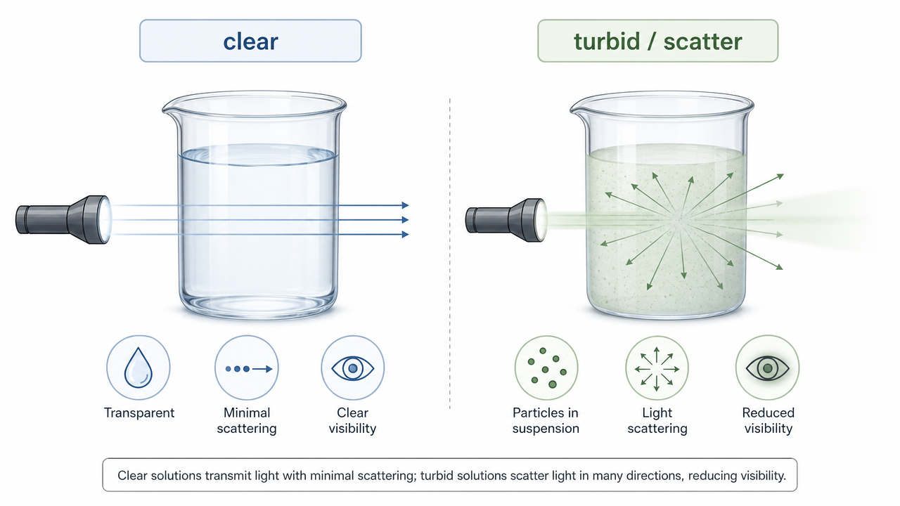 Clear versus turbid sample illustration emphasizing scattering effects on apparent absorbance