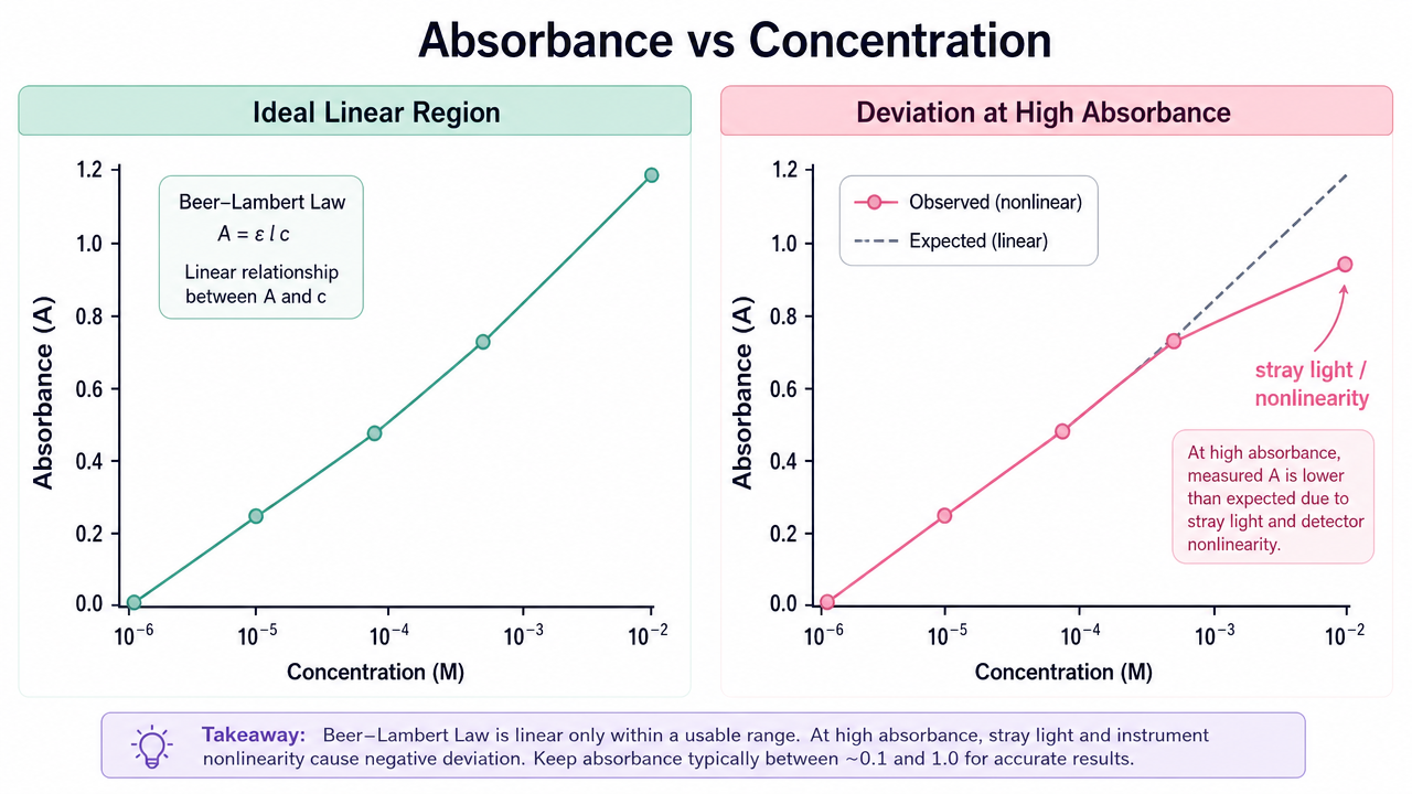 Absorbance versus concentration plot contrasting ideal linearity with high-absorbance curvature