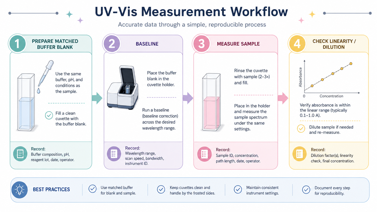 UV-Vis workflow emphasizing matched blanks, baseline, sample measurement, and linearity checks