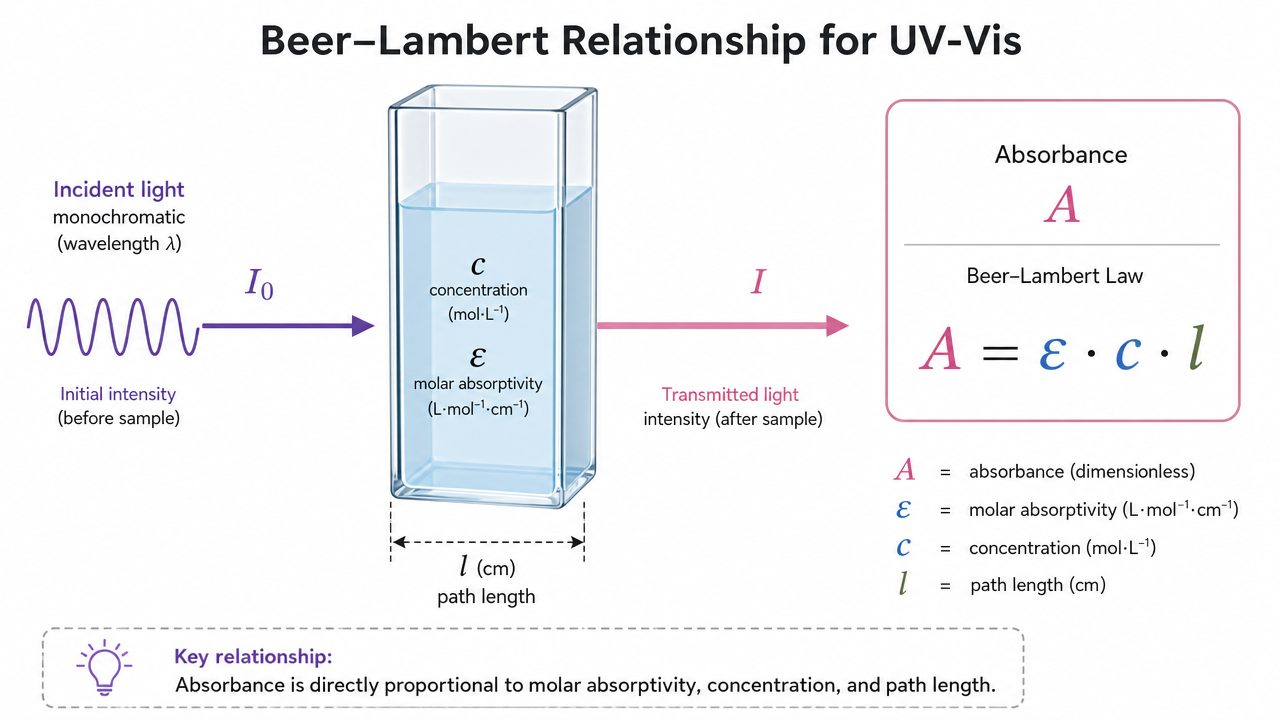Beer-Lambert schematic linking absorbance, molar absorptivity, concentration, and path length