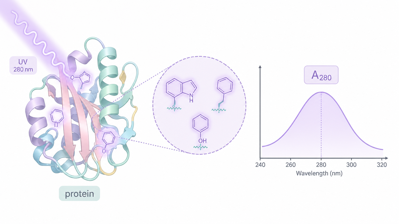 Conceptual illustration of protein absorbance at 280 nm (A280) for concentration estimation