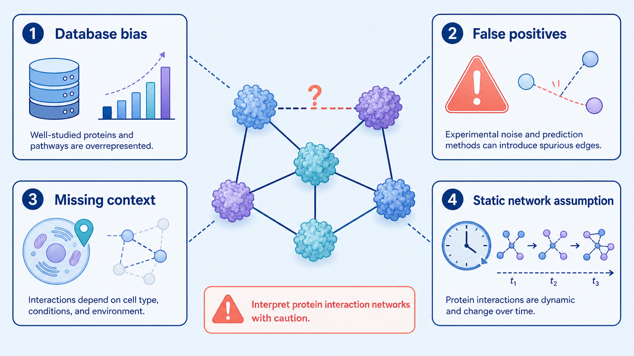 Common failure points in protein interaction network analysis, including database bias, false positives, missing context, and static-network assumptions.