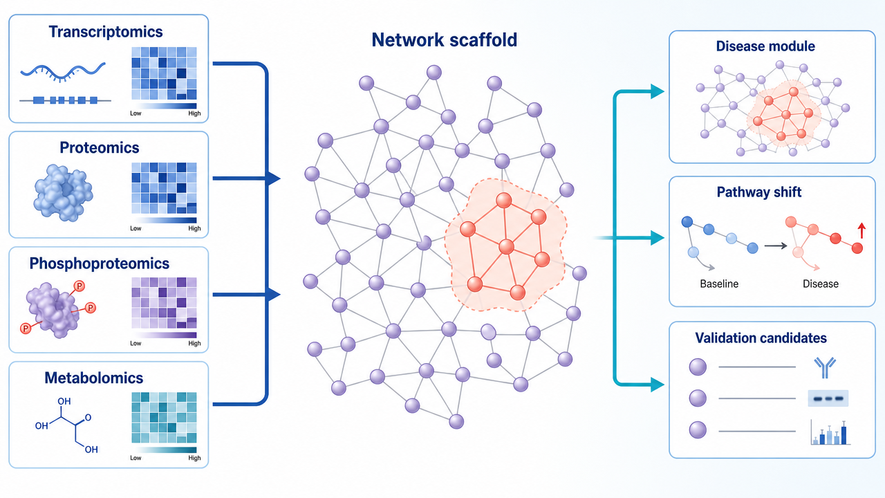 Multi-omics layers mapped onto a protein interaction network, including transcriptomics, proteomics, phosphoproteomics, and metabolomics.