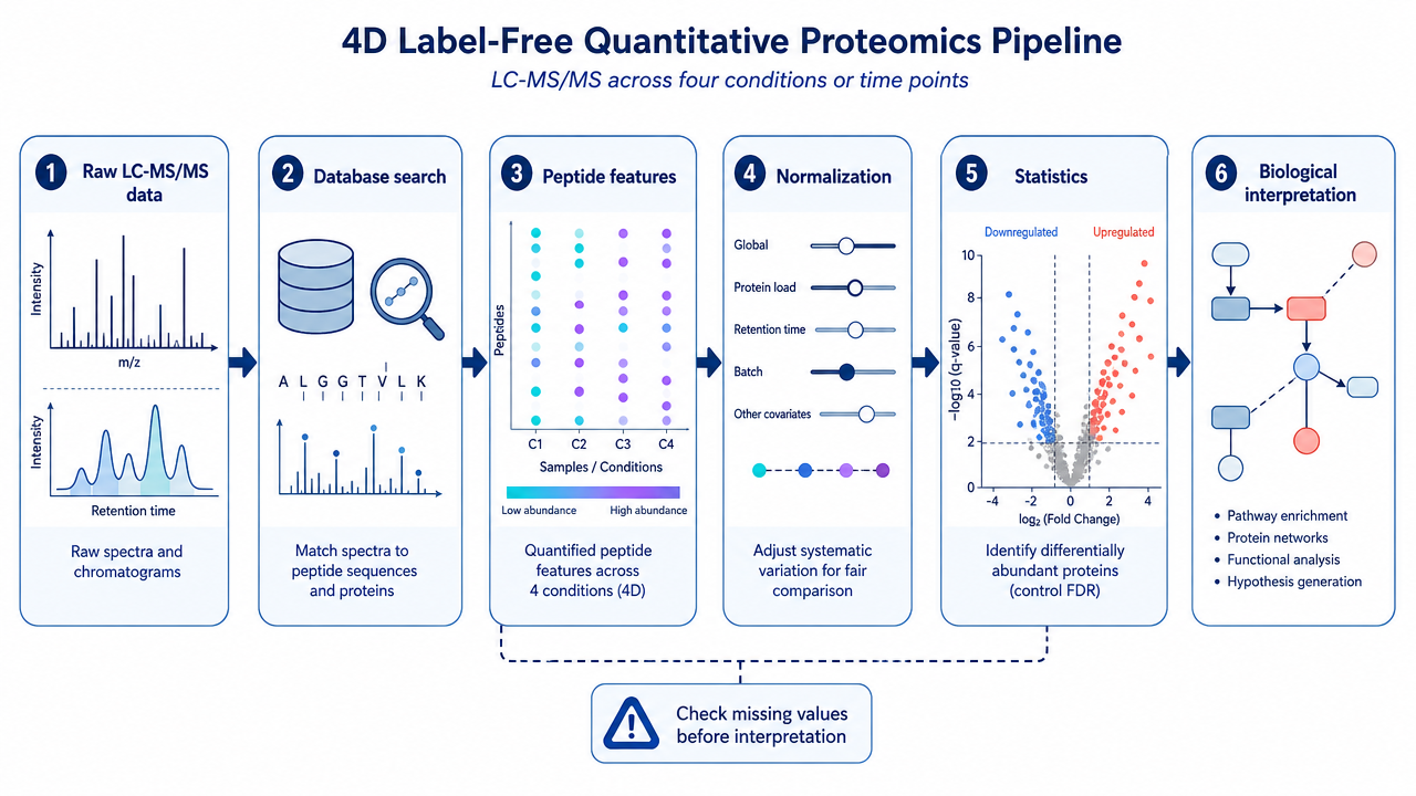 Data analysis workflow showing database search, peptide quantification, normalization, statistics, and biological interpretation.