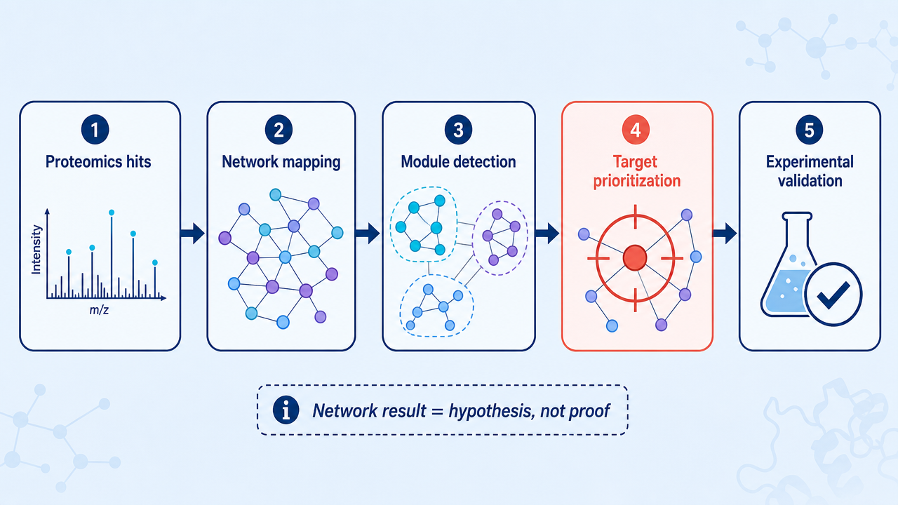 Workflow from proteomics hits to disease module detection, target prioritization, and experimental validation.