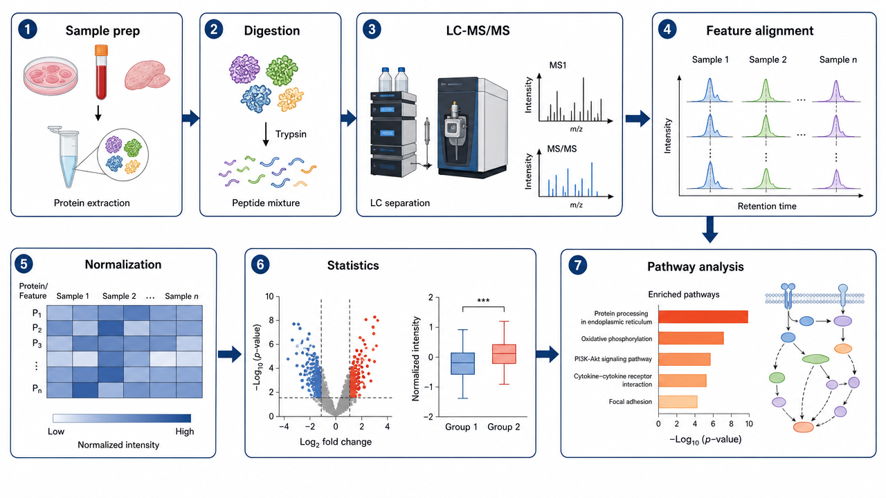 LFQ workflow showing sample prep, digestion, LC-MS/MS, feature alignment, normalization, statistics, and pathway analysis.