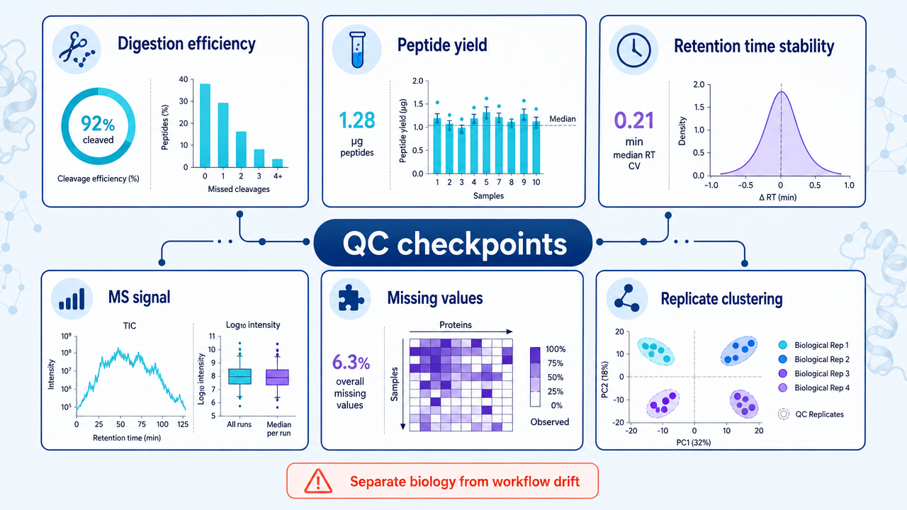 Common QC checkpoints in 4D label-free proteomics, including digestion efficiency, peptide yield, retention time stability, MS signal, missing values, and replicate clustering.