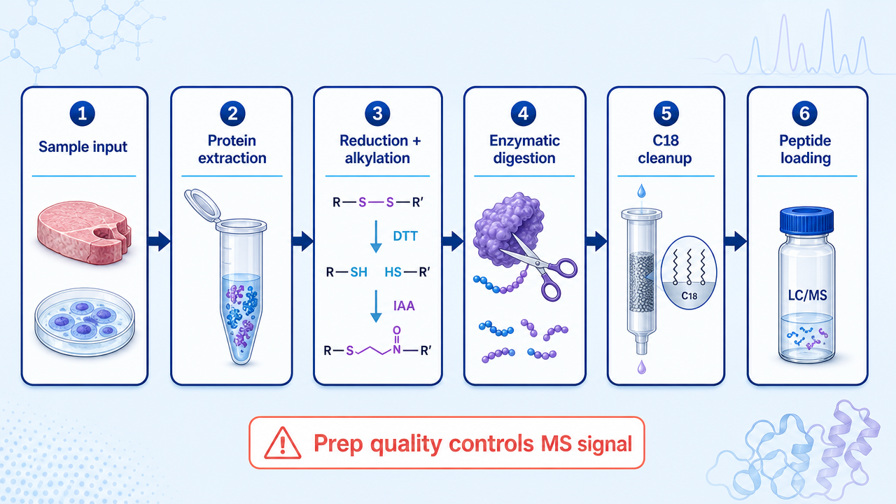Sample preparation workflow from protein extraction to reduction, alkylation, digestion, desalting, and peptide loading.