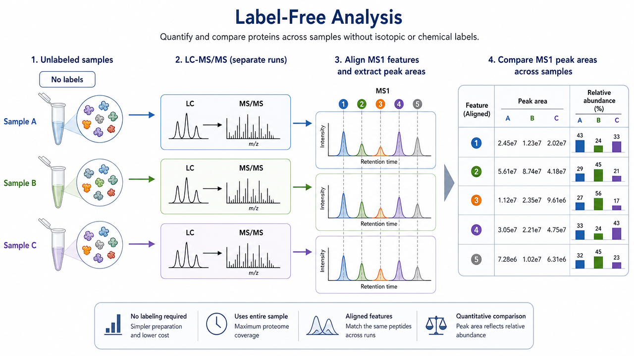 Label-free analysis concept showing unlabeled samples, LC-MS/MS runs, peak intensity comparison, and relative quantification.