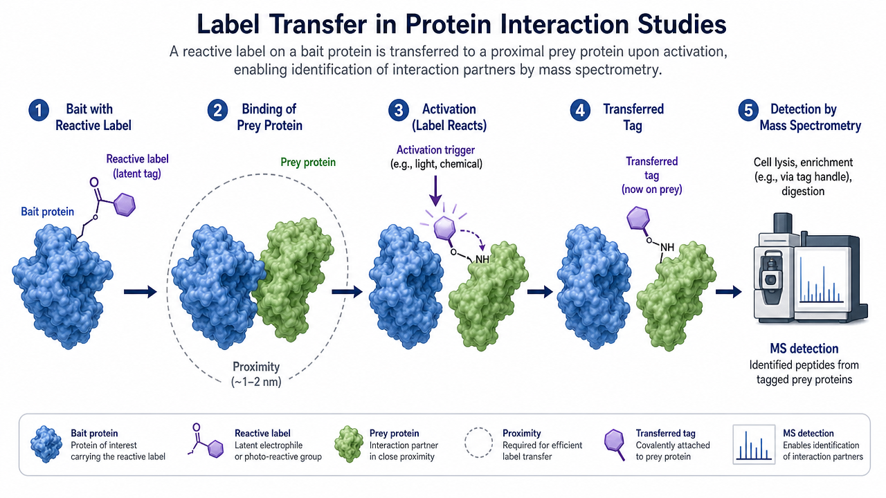 Label transfer concept showing bait protein, reactive label, prey protein, activation, and transferred tag for detection.