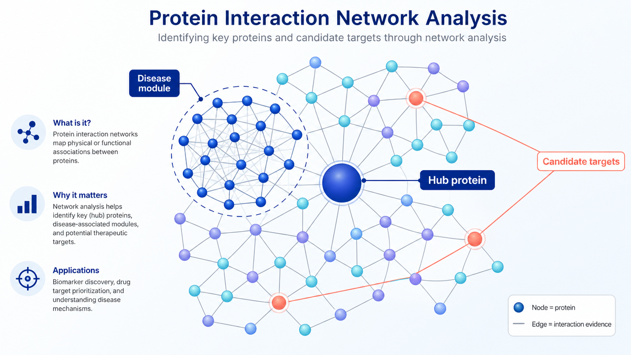 Protein interaction network showing nodes, edges, disease modules, and candidate hub proteins.