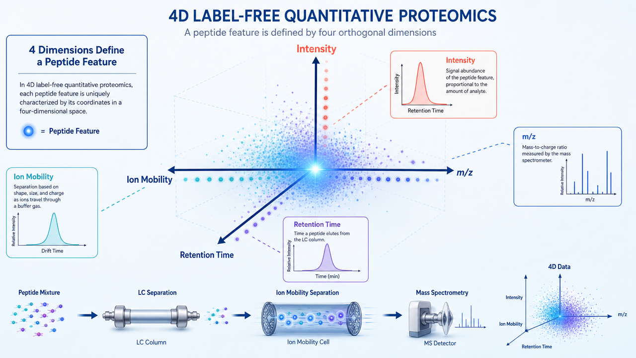 Four analytical dimensions in 4D label-free quantitative proteomics: retention time, m/z, ion mobility, and signal intensity.
