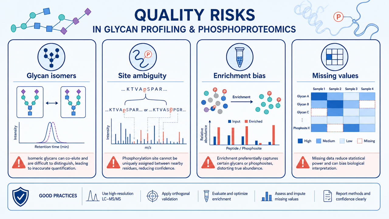 Quality risks for glycan profiling and phosphoproteomics, including glycan isomers, site ambiguity, enrichment bias, and missing values.