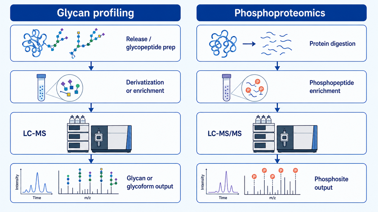 Side-by-side workflow comparing glycan profiling and phosphoproteomics sample preparation, enrichment, LC-MS analysis, and data output.