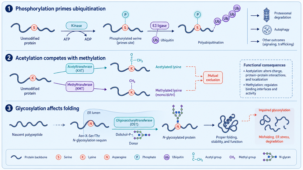 PTM crosstalk showing phosphorylation priming ubiquitination, lysine acetylation competing with methylation, and glycosylation affecting folding.