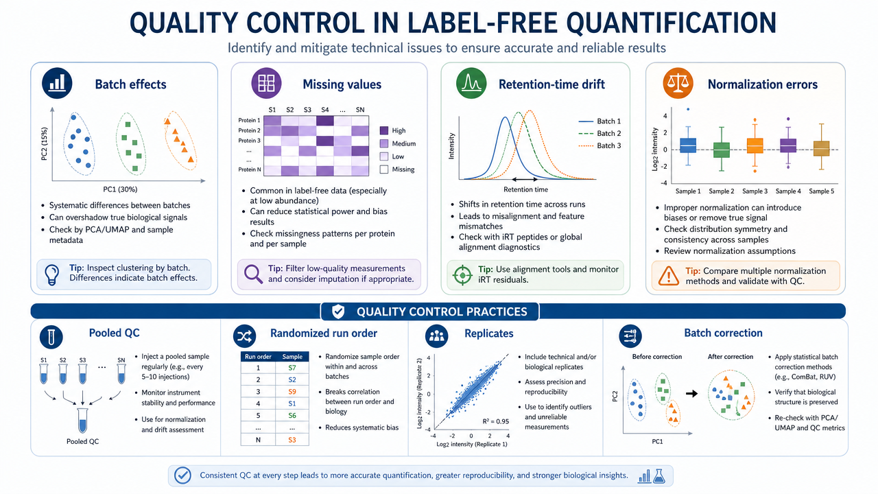 Quality risks in label-free analysis, including batch effects, missing values, retention-time drift, and normalization errors.