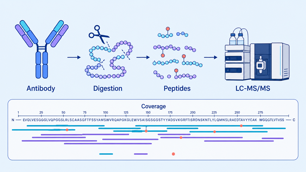 Antibody peptide mapping concept showing antibody digestion, peptide separation, LC-MS/MS analysis, and sequence coverage map.