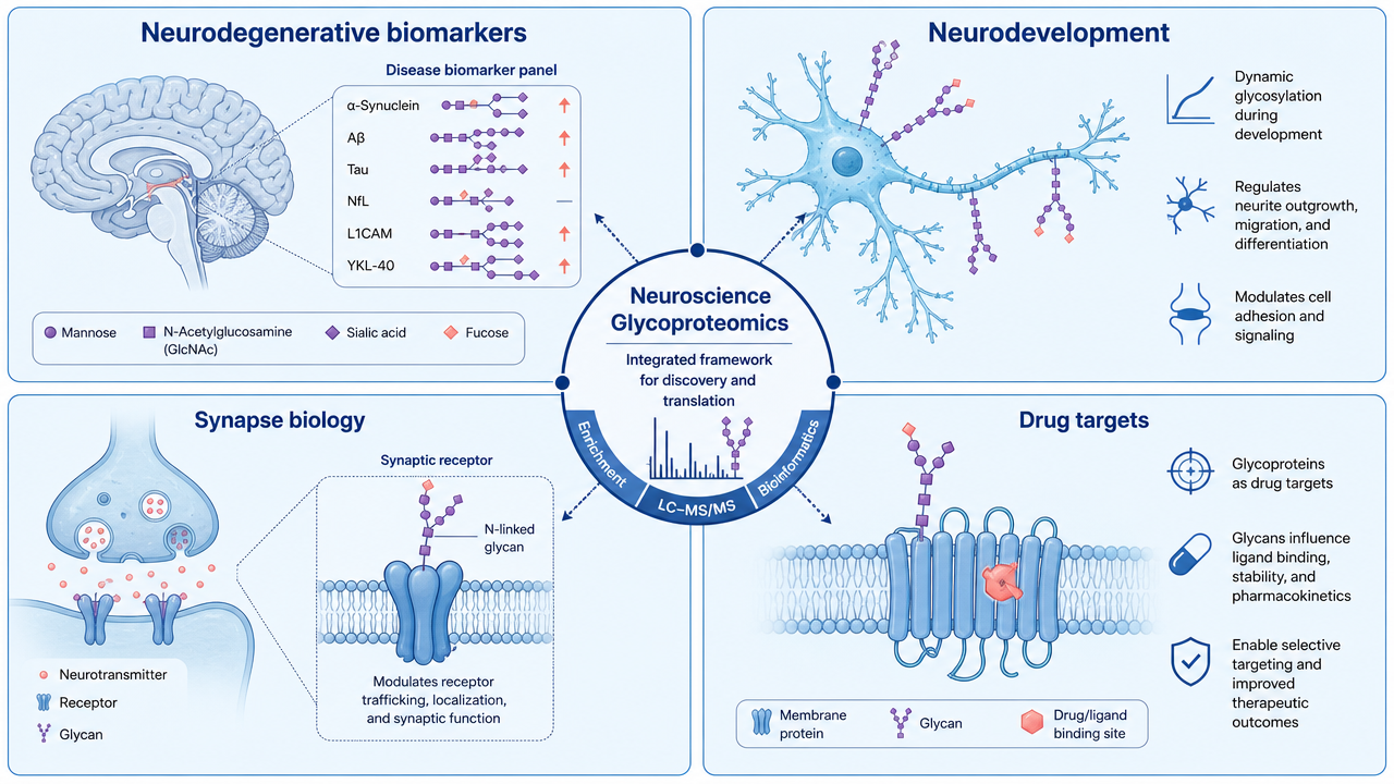 Applications of glycoproteomics in neuroscience including neurodegenerative biomarkers, developmental signaling, synapse biology, and drug target discovery.