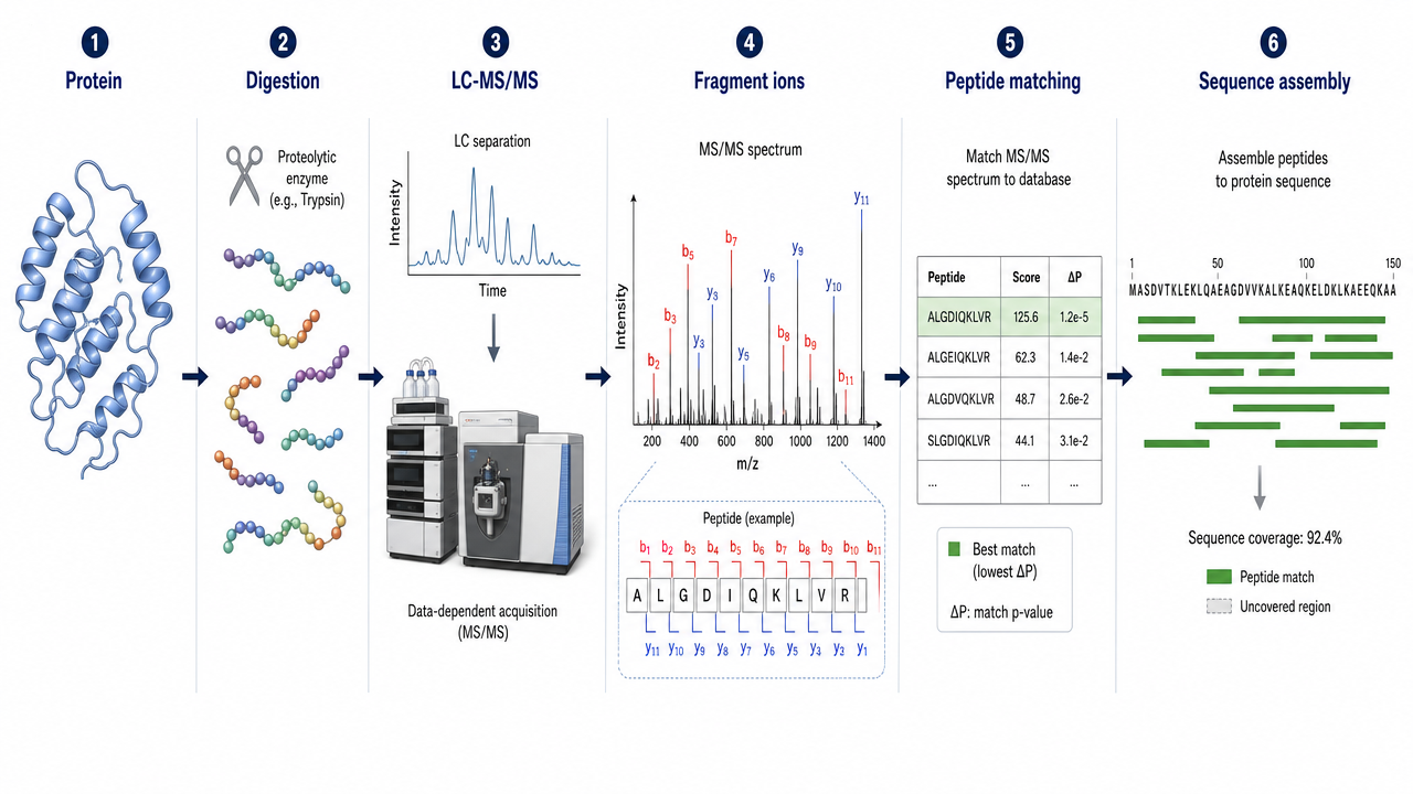 Protein sequencing workflow showing sample preparation, digestion, LC-MS/MS, fragment ion interpretation, and sequence assembly.