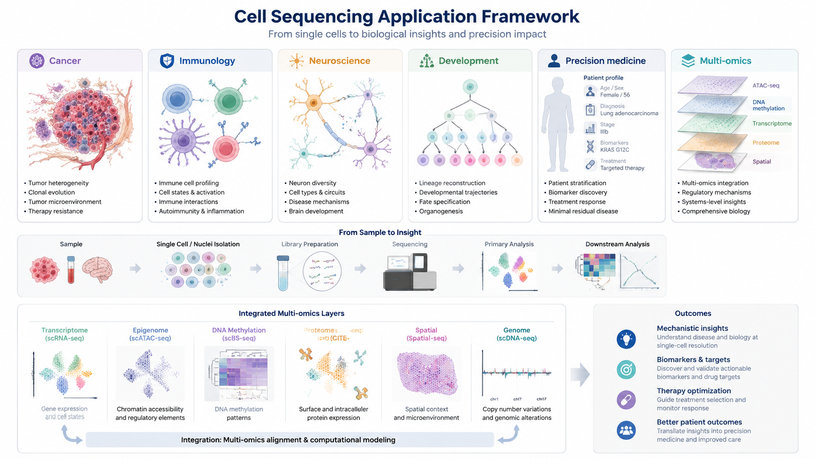 Cell sequencing applications showing cancer, immunology, neuroscience, development, precision medicine, and multi-omics integration.