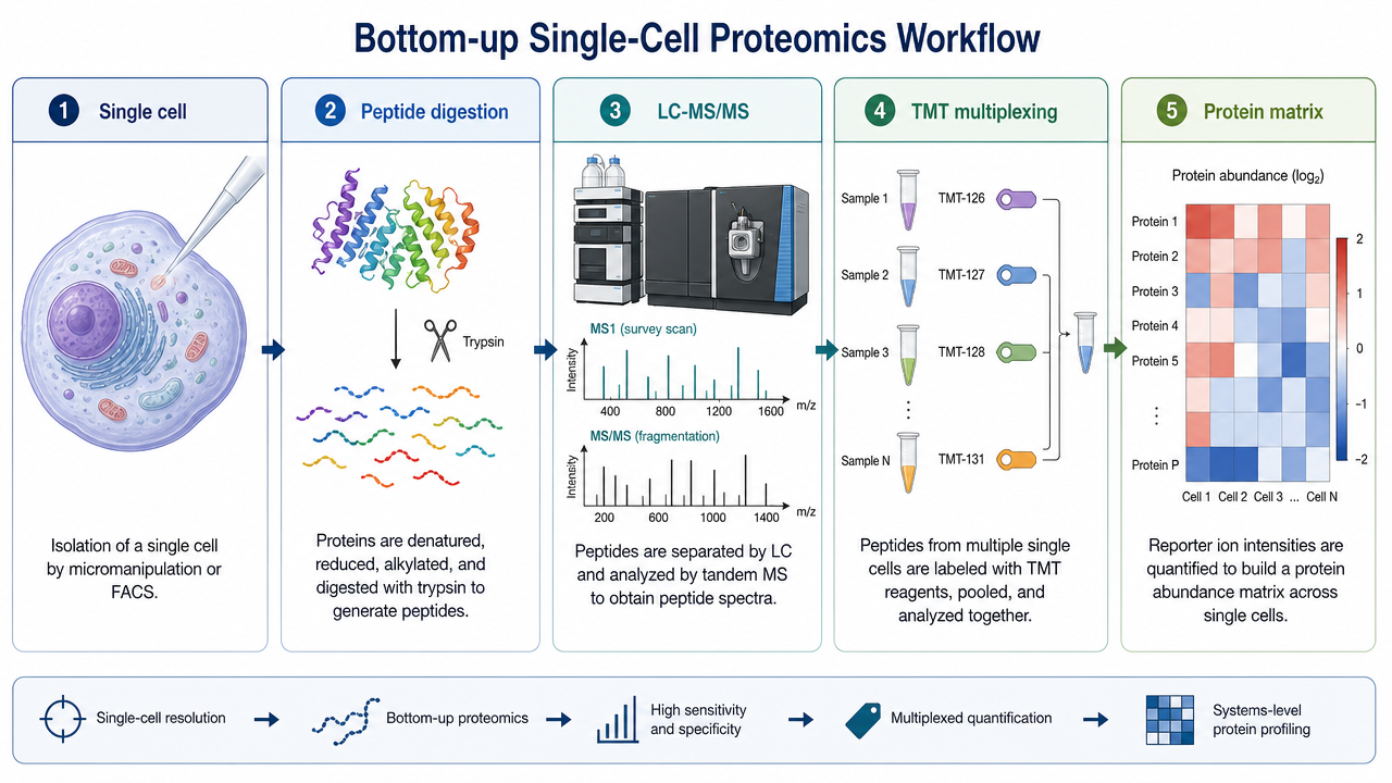 Bottom-up single-cell proteomics overview showing single cell input, peptide digestion, LC-MS/MS, multiplexing, and quantitative protein matrix.
