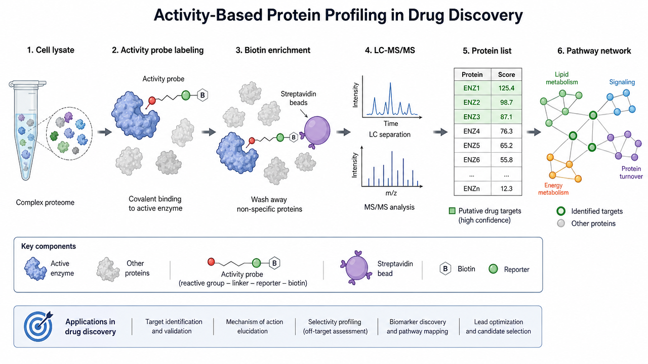 ABPP drug discovery overview showing activity probes, labeled proteins, LC-MS/MS, target engagement map, and pathway analysis.