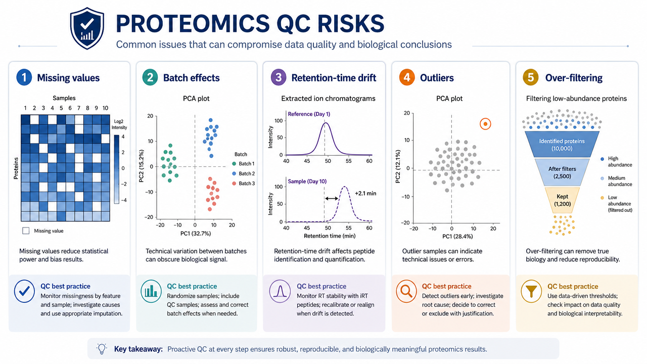 Common proteomics QC risks including missing values, batch effects, retention-time drift, outliers, and over-filtering.