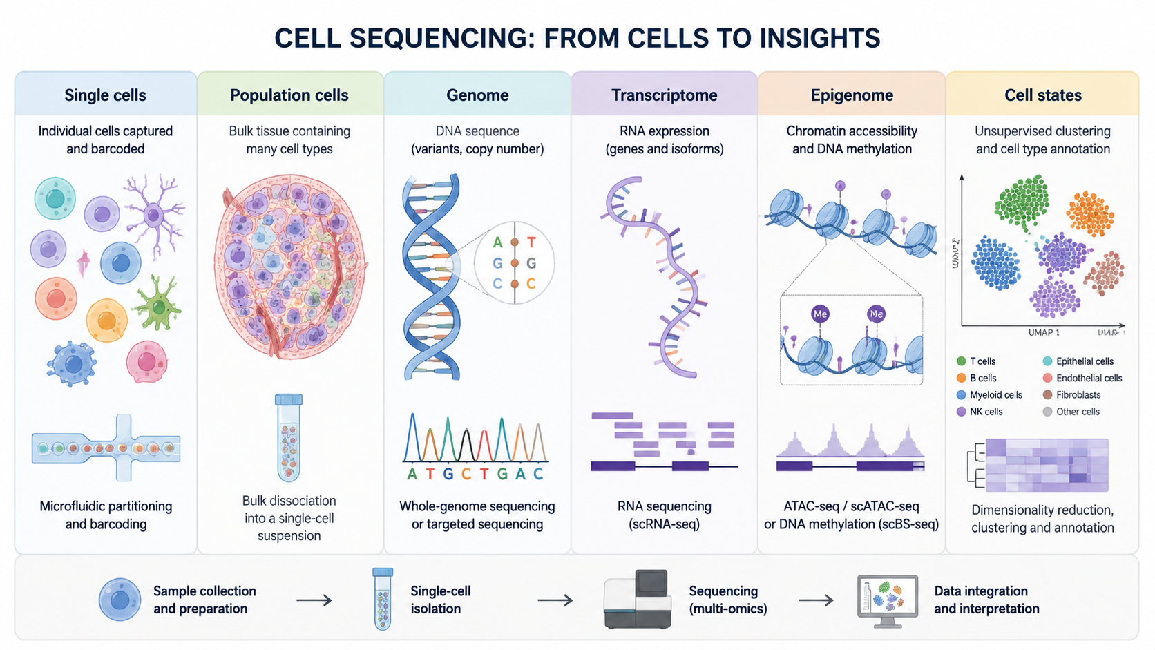 Cell sequencing overview showing single cells, population cells, genome, transcriptome, epigenome, sequencing, and cell-state analysis.