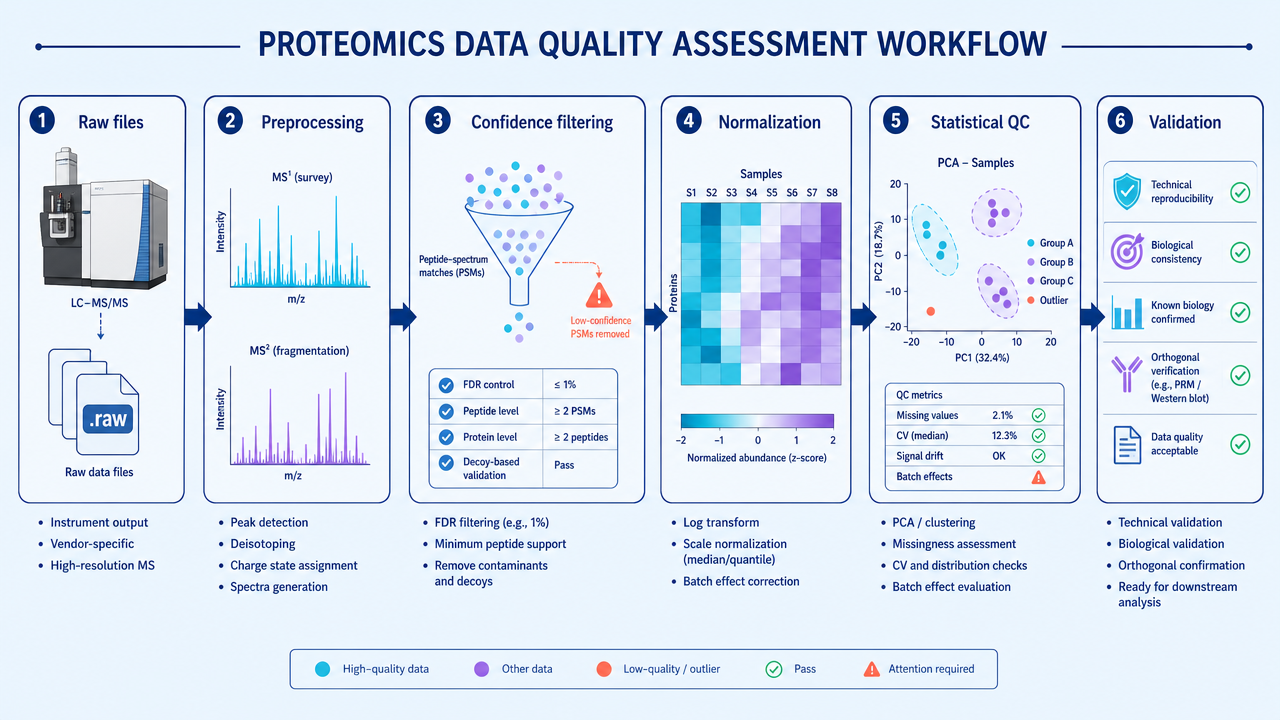 Proteomics QC workflow from raw files and preprocessing to confidence filtering, normalization, statistical QC, and validation.