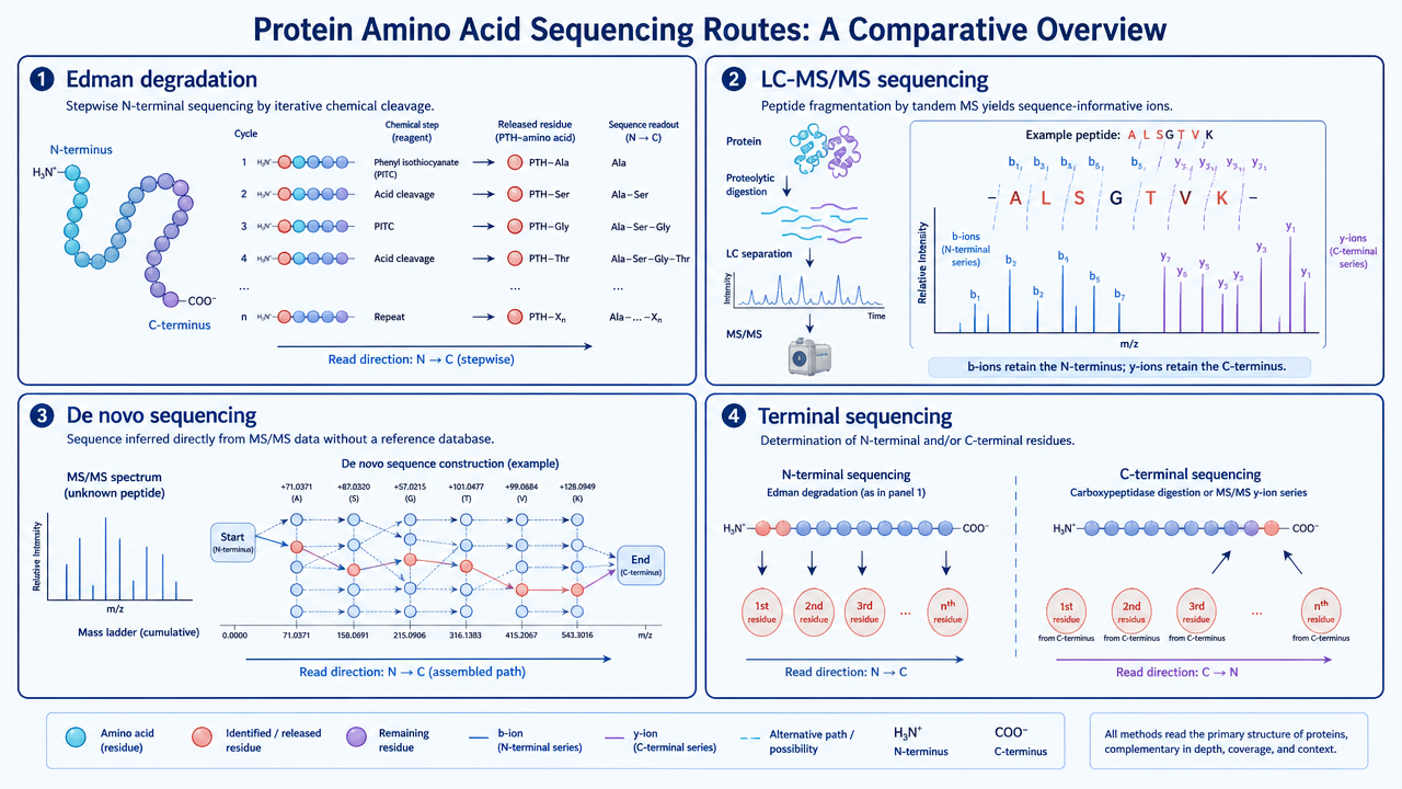 Protein amino acid sequence determination overview showing Edman degradation, LC-MS/MS peptide sequencing, de novo sequencing, and terminal sequencing.
