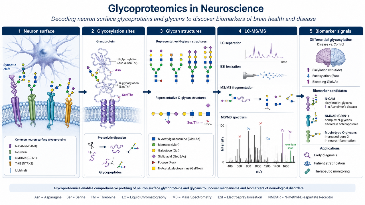 Glycoproteomics in neuroscience overview showing neurons, glycoproteins, glycopeptide enrichment, LC-MS/MS, and biomarker discovery.