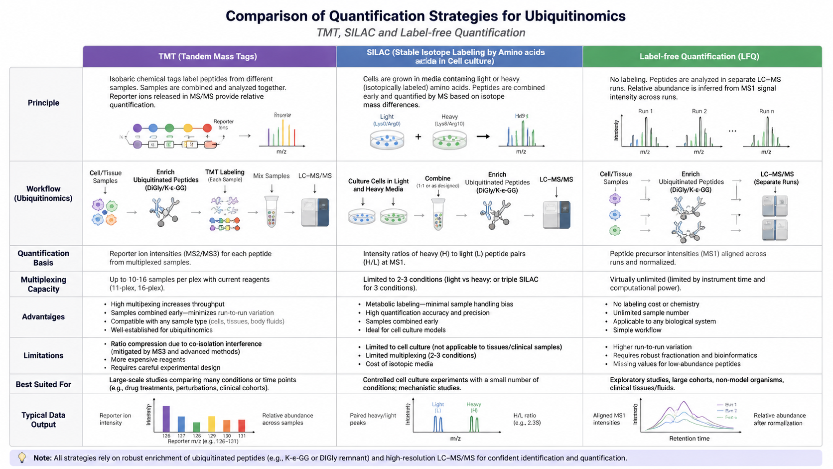 Ubiquitinomics quantification strategies comparing TMT, SILAC, and label-free MS1 quantification.