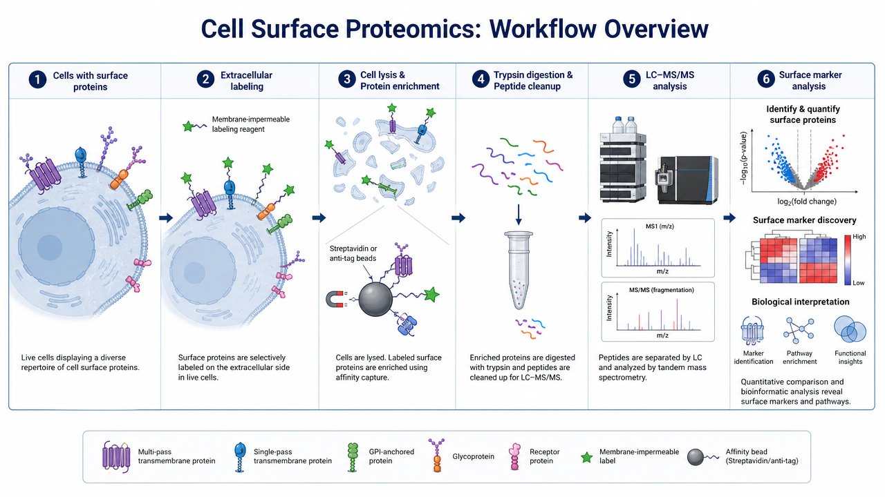 Cell surface proteomics overview showing membrane proteins, extracellular labeling, enrichment, LC-MS/MS, and surface marker analysis.