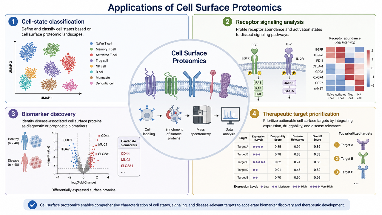 Cell surface proteomics application map showing cell-state classification, signaling analysis, biomarker discovery, and therapeutic target prioritization.