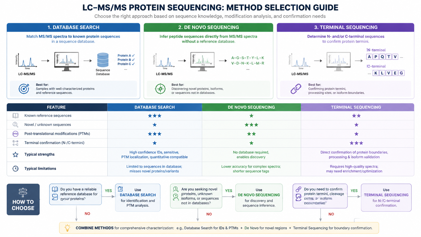 Protein sequencing method selection graphic comparing database search, de novo sequencing, terminal sequencing, and PTM-aware LC-MS/MS interpretation.