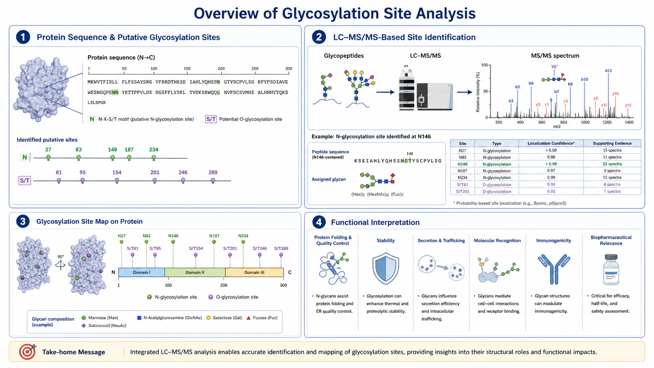 Glycosylation site analysis overview showing protein sequence, glycan attachment sites, LC-MS/MS identification, and functional interpretation.