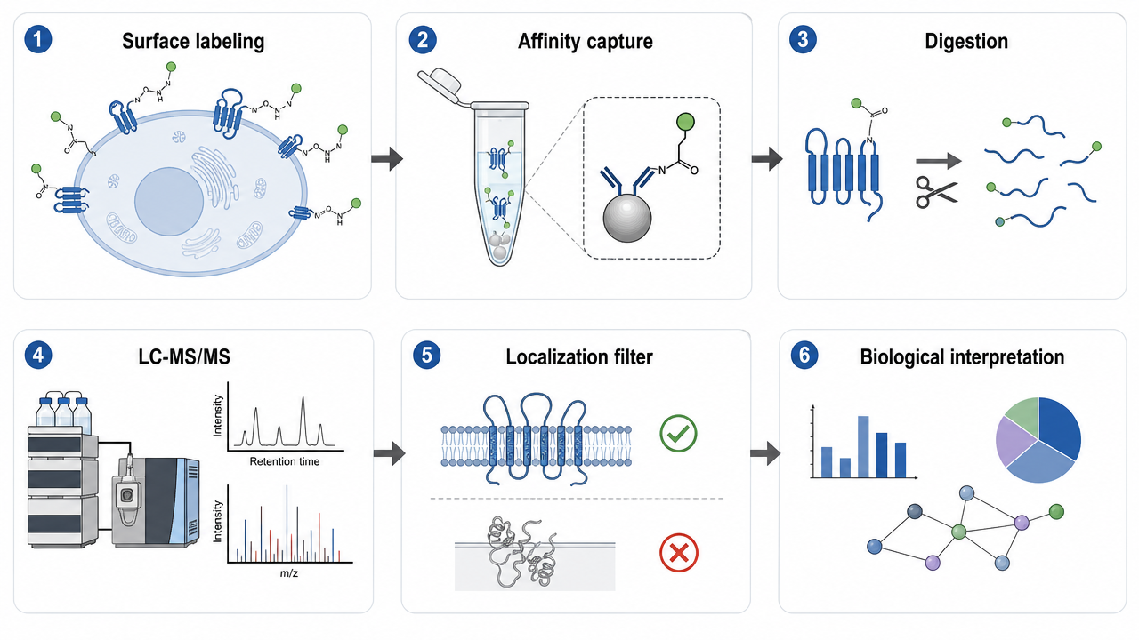 Cell surface proteomics workflow showing extracellular labeling, affinity capture, peptide digestion, LC-MS/MS, and localization-aware data filtering.