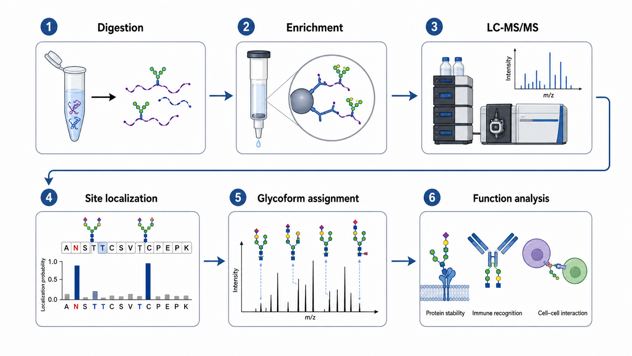 Glycosylation site analysis workflow from digestion and enrichment to LC-MS/MS, site localization, glycoform assignment, and functional readout.