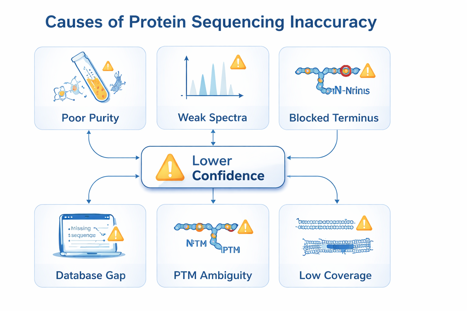 Scientific comparison of protein sequencing accuracy risks, including poor sample purity, incomplete fragmentation, blocked termini, database gaps, and sequence-variant ambiguity.