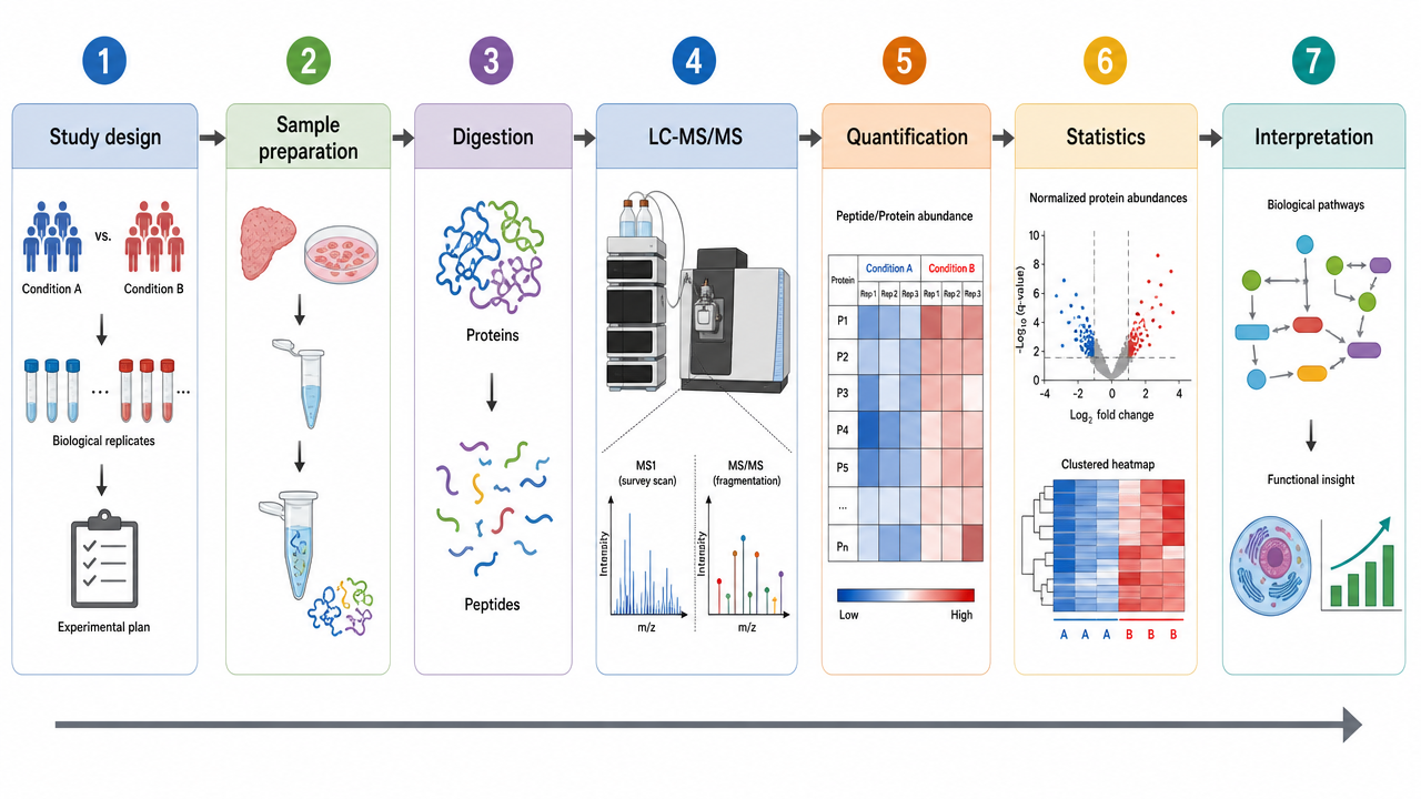 Quantitative protein profiling workflow from sample preparation to LC-MS/MS acquisition, normalization, statistics, and interpretation.