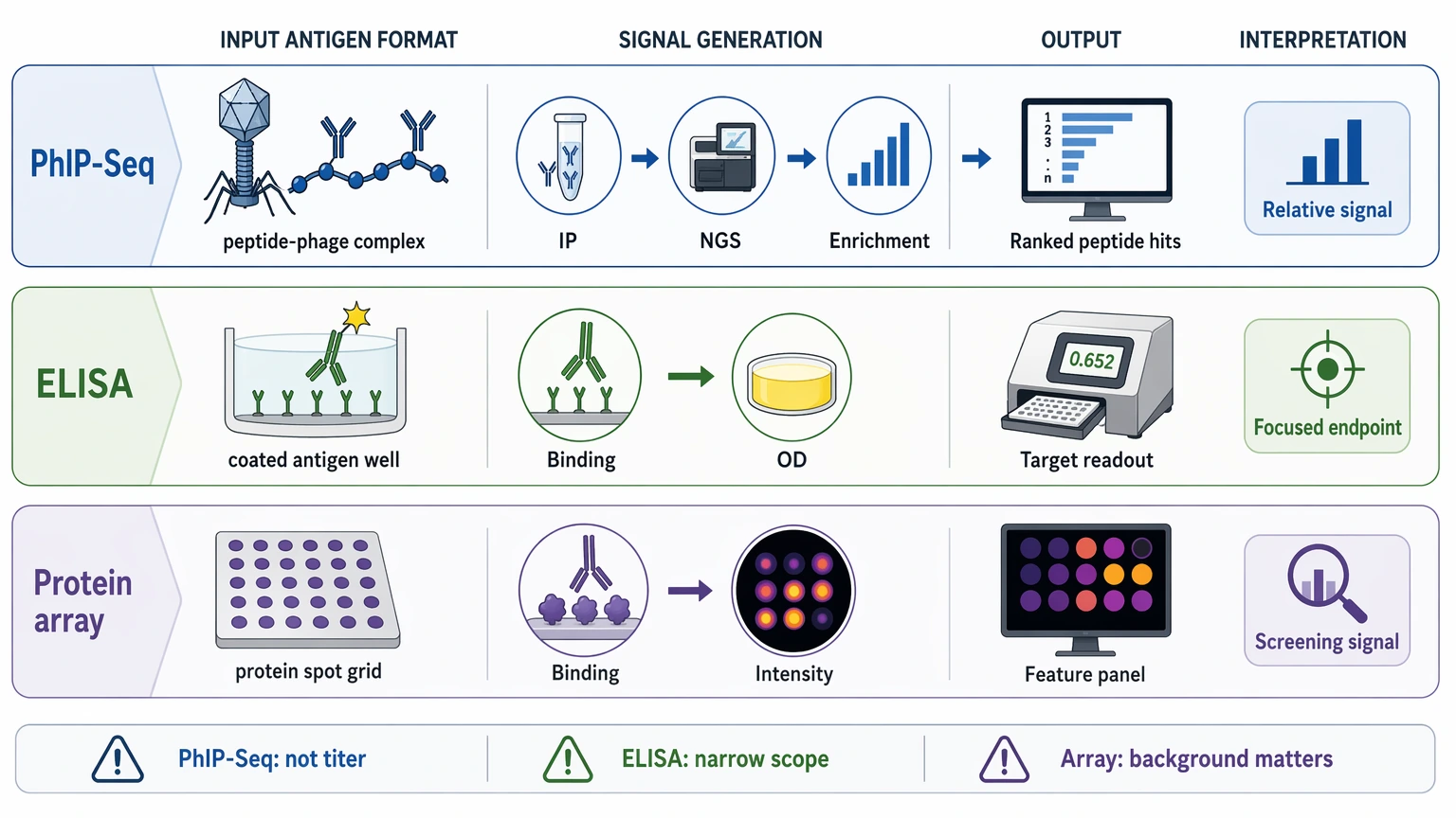 phip seq readout logic comparison with enrichment analysis, ELISA OD signal, and protein array intensity outputs