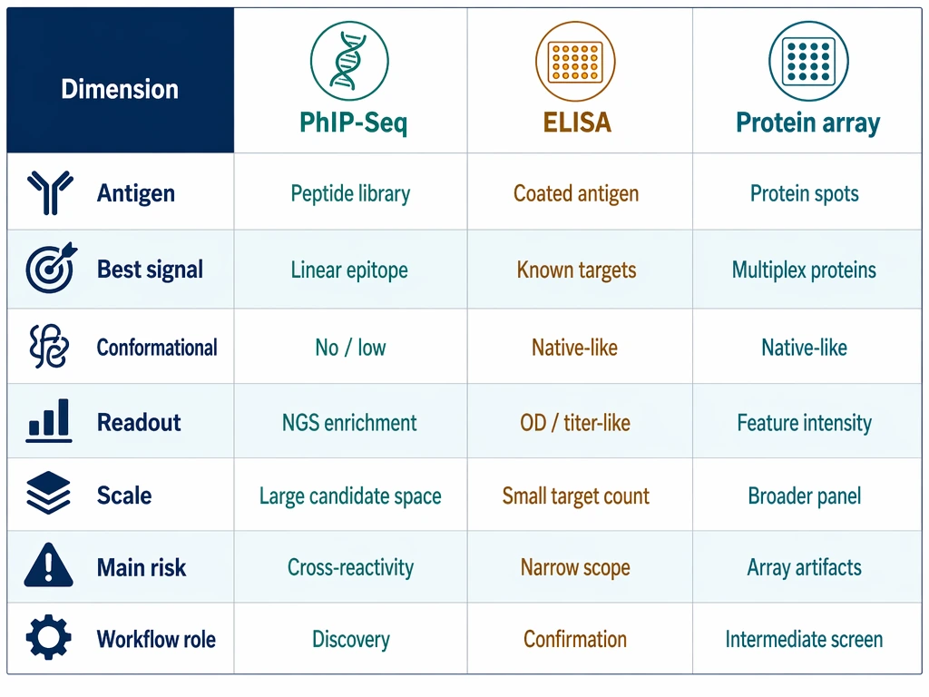 phip seq comparison table versus ELISA and protein array across antigen, readout, scale, and workflow role