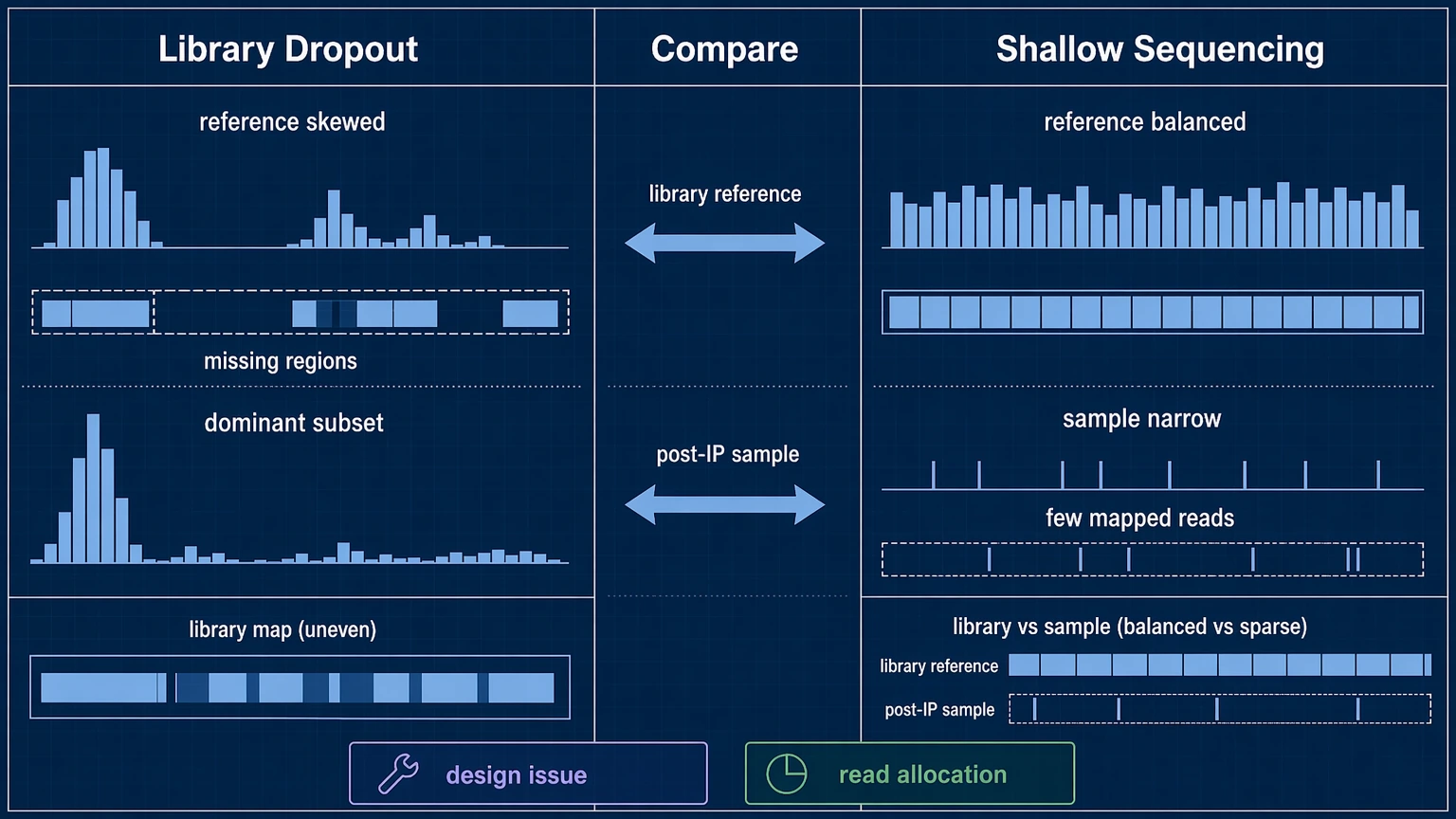 phip seq analysis comparison diagram distinguishing library dropout from shallow sequencing using library reference and post-IP coverage