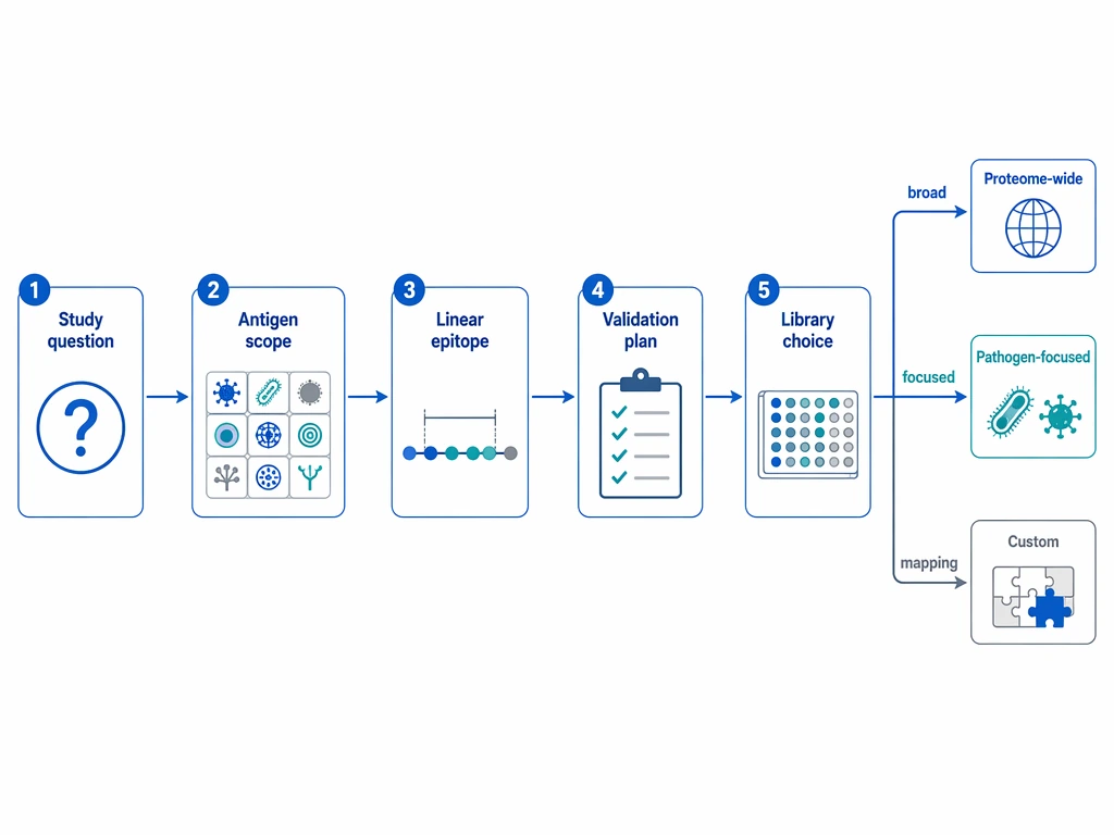 phip-seq decision path diagram showing study question, antigen scope, linear epitope needs, validation plan, and library choice