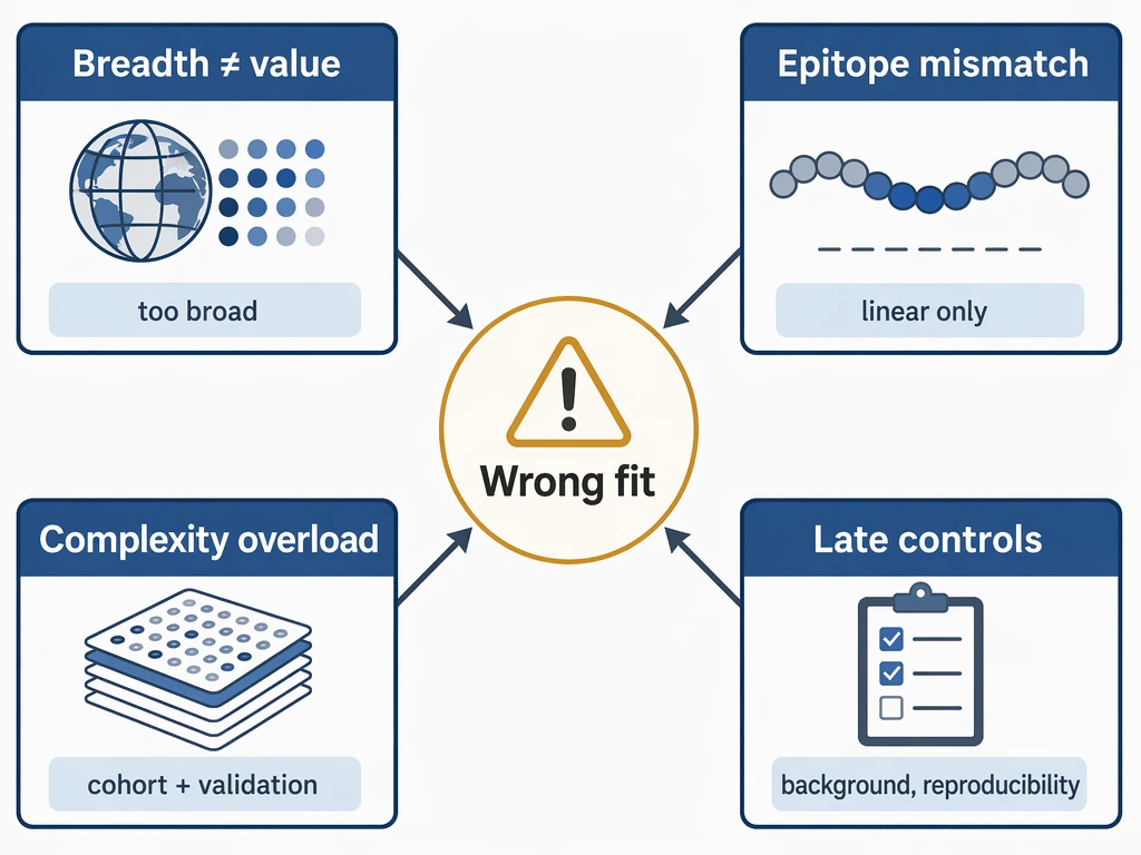 phip-seq troubleshooting diagram showing four planning gaps that cause wrong peptide library selection