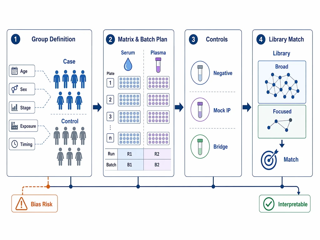 PhIP-Seq cohort design workflow showing group definition, batch planning, controls, and library matching