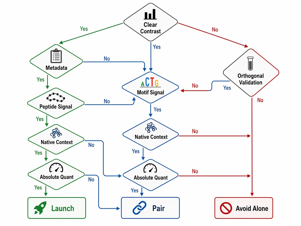 PhIP-Seq decision path diagram showing when to launch, pair with orthogonal validation, or avoid alone