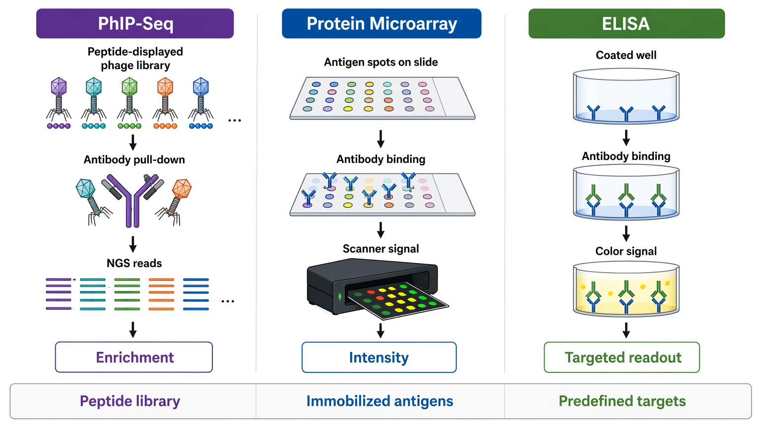 phip-seq assay readout comparison diagram showing PhIP-Seq, protein microarray, and ELISA signal generation