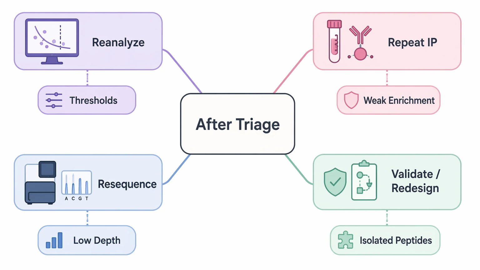 PhIP-seq analysis selection guide diagram showing four next actions after troubleshooting triage