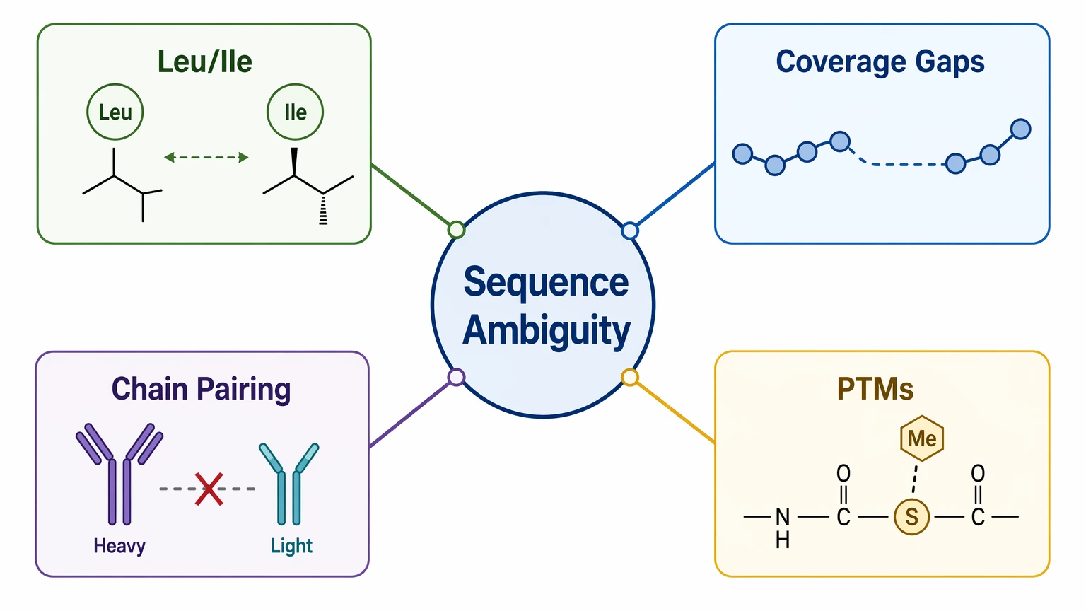 de novo antibody sequencing ambiguity diagram showing Leu Ile, coverage gaps, chain pairing, and PTMs